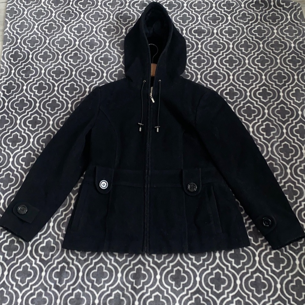 Pre-Loved Petite St. John’s Bay Hooded Wool Pea Coat Sz Medium